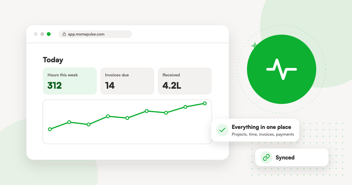 Illustration: a dashboard bringing work, invoices and payments into one place in MSMEPulse.