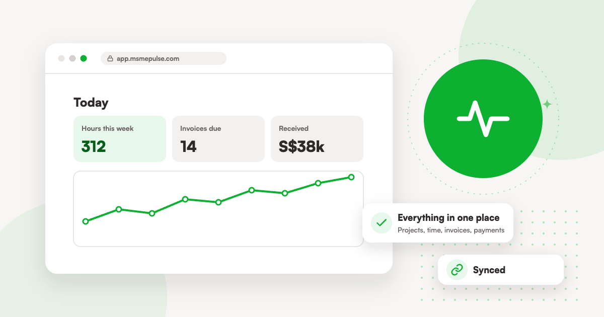 Illustration: a dashboard bringing work, invoices and payments into one place in MSMEPulse.