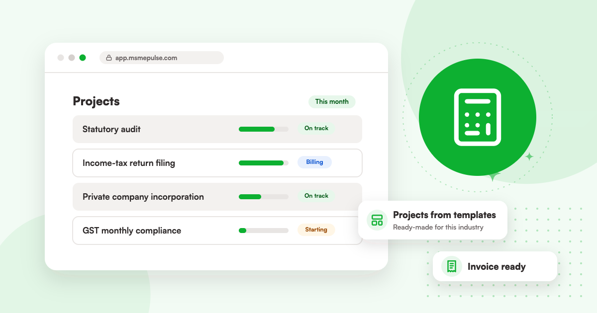 Illustration: an MSMEPulse workspace with projects from ready-made templates for CA and tax practices.