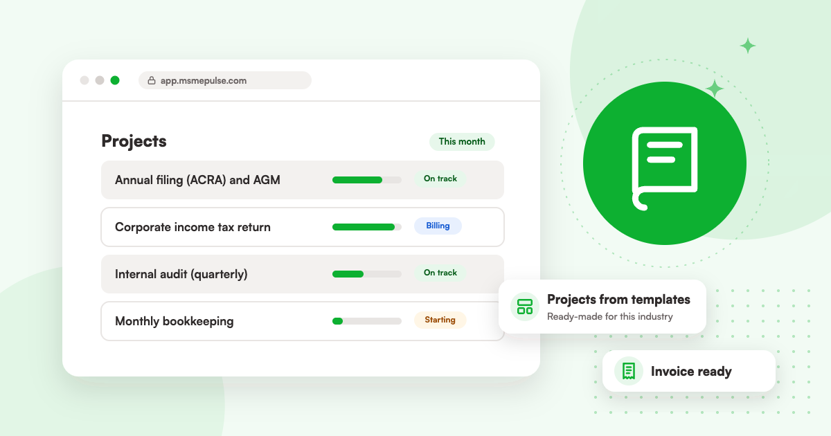 Illustration: an MSMEPulse workspace with projects from ready-made templates for accounting and corporate secretarial firms.