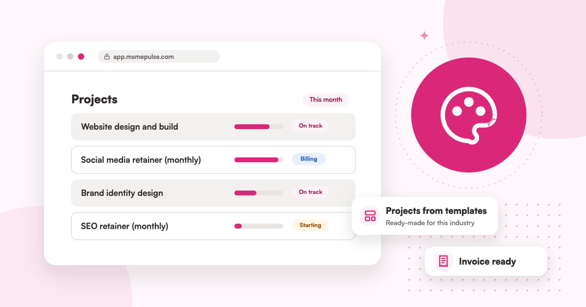 Illustration: an MSMEPulse workspace with projects from ready-made templates for digital and creative agencies.