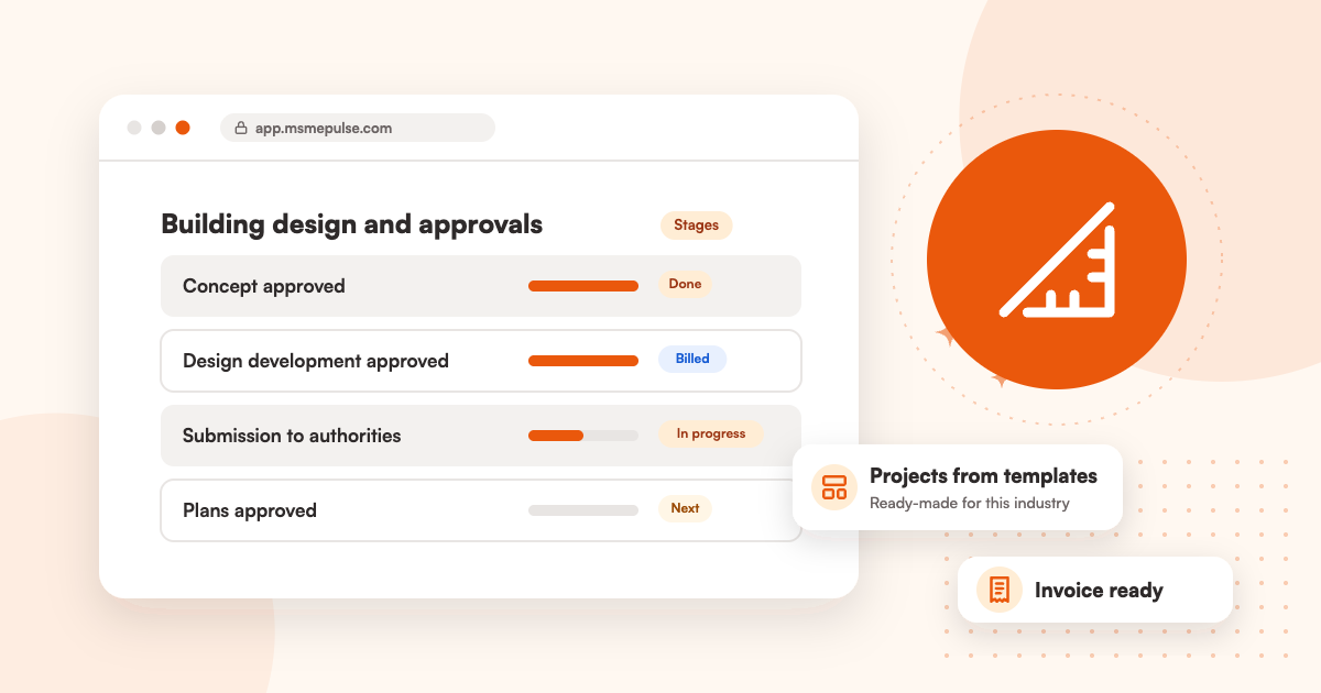 Illustration: an MSMEPulse workspace with projects from ready-made templates for architecture and interiors studios.
