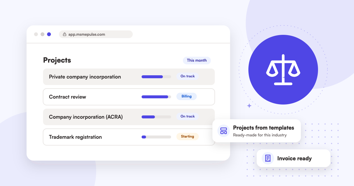 Illustration: an MSMEPulse workspace with projects from ready-made templates for law firms.