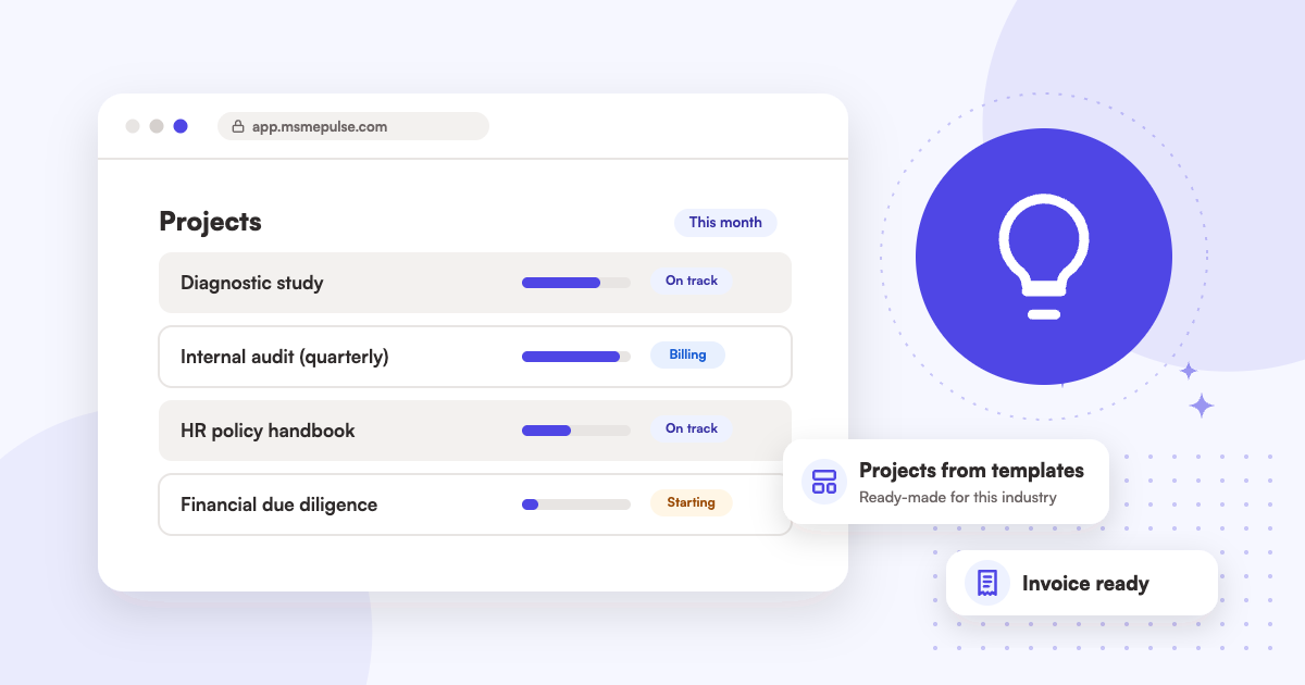 Illustration: an MSMEPulse workspace with projects from ready-made templates for management consultancies.