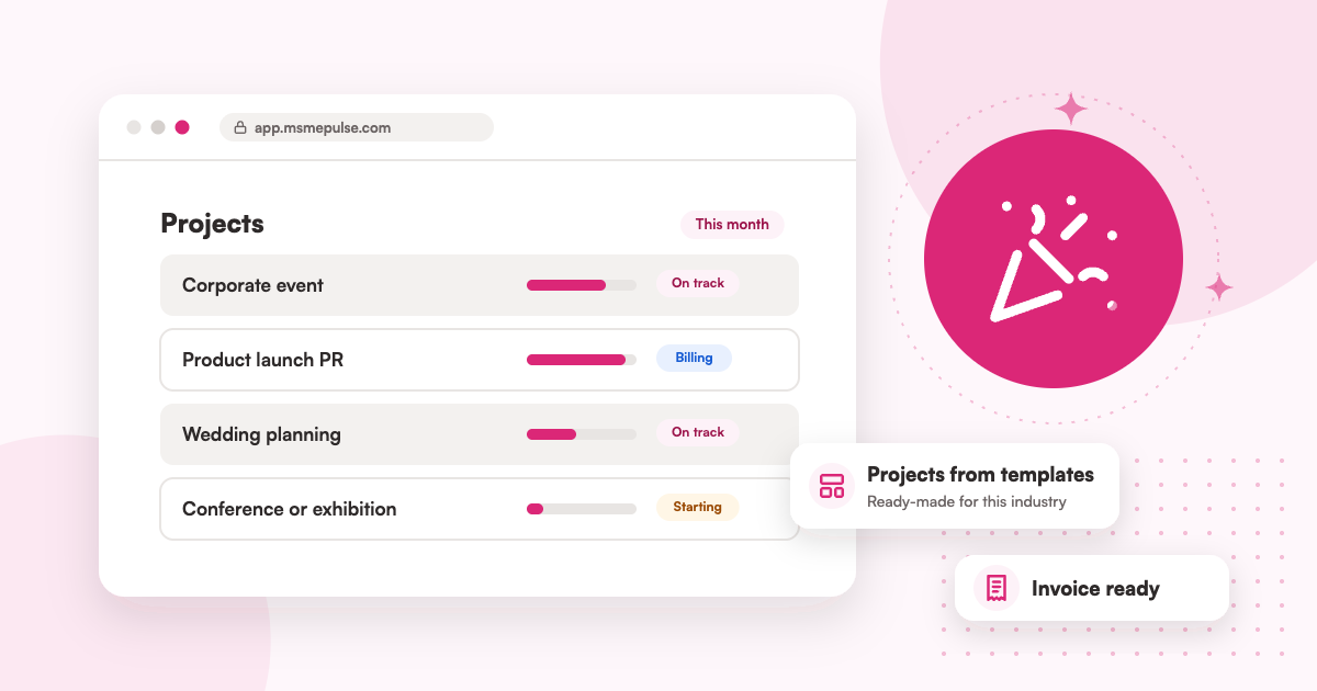 Illustration: an MSMEPulse workspace with projects from ready-made templates for events companies.