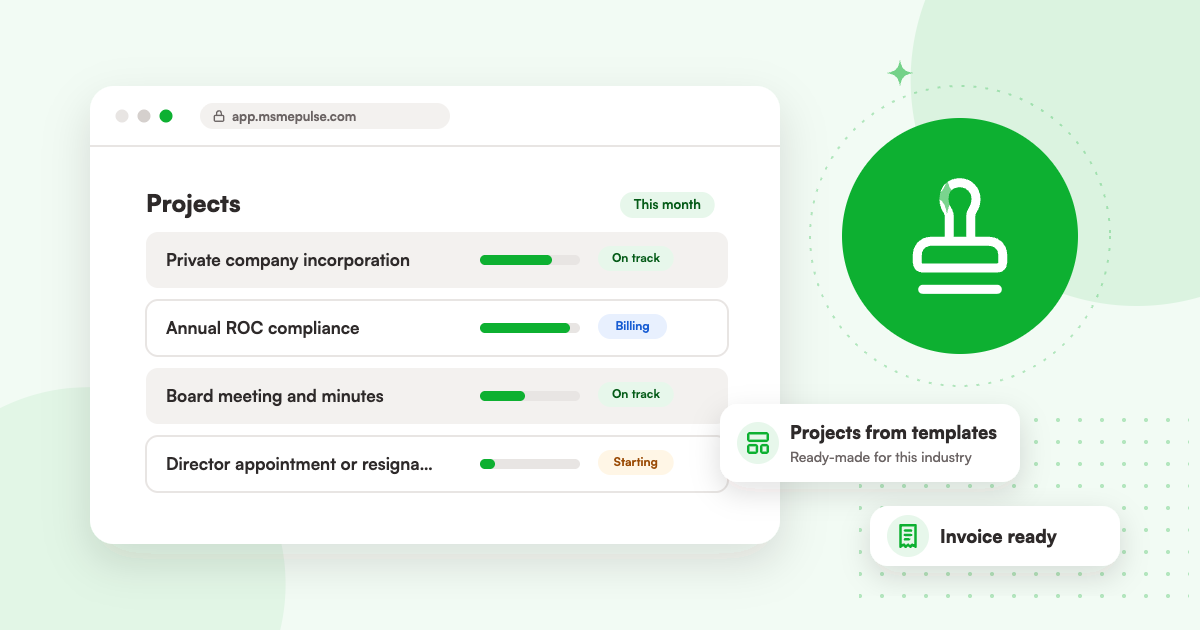 Illustration: an MSMEPulse workspace with projects from ready-made templates for company secretaries.