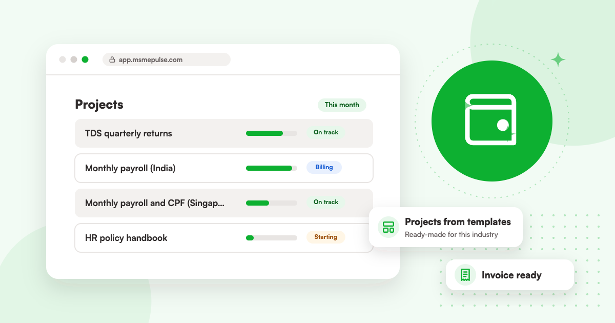 Illustration: an MSMEPulse workspace with projects from ready-made templates for HR and payroll firms.