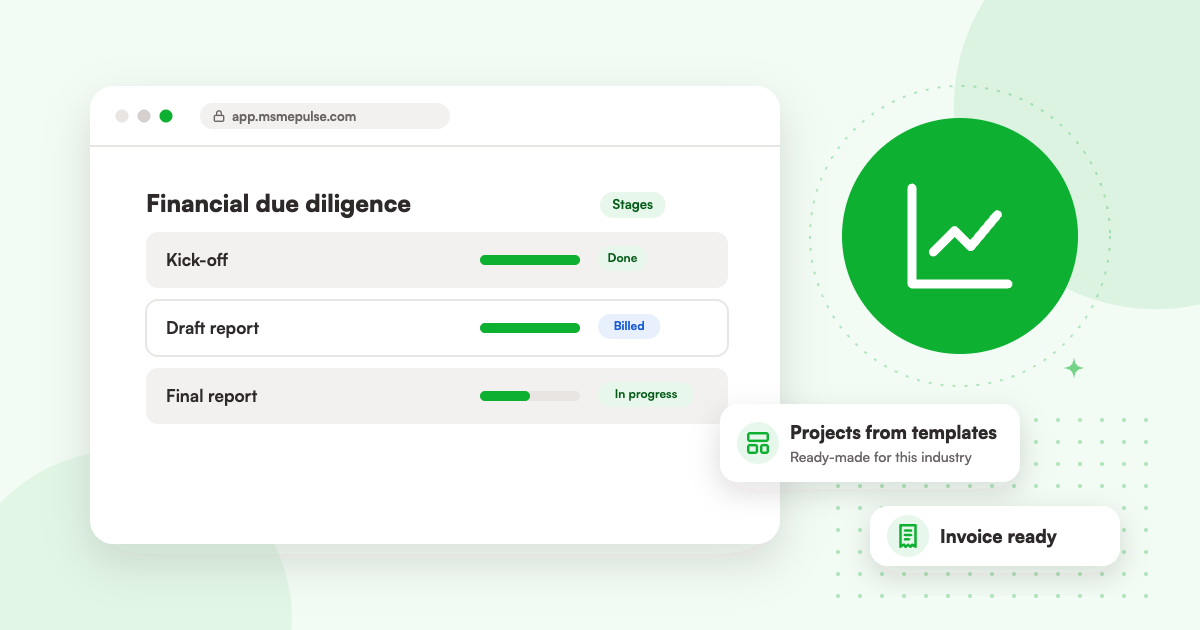 Illustration: an MSMEPulse workspace with projects from ready-made templates for valuation and transaction advisers.