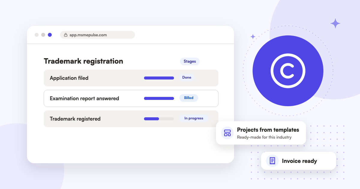 Illustration: an MSMEPulse workspace with projects from ready-made templates for patent and trademark practices.