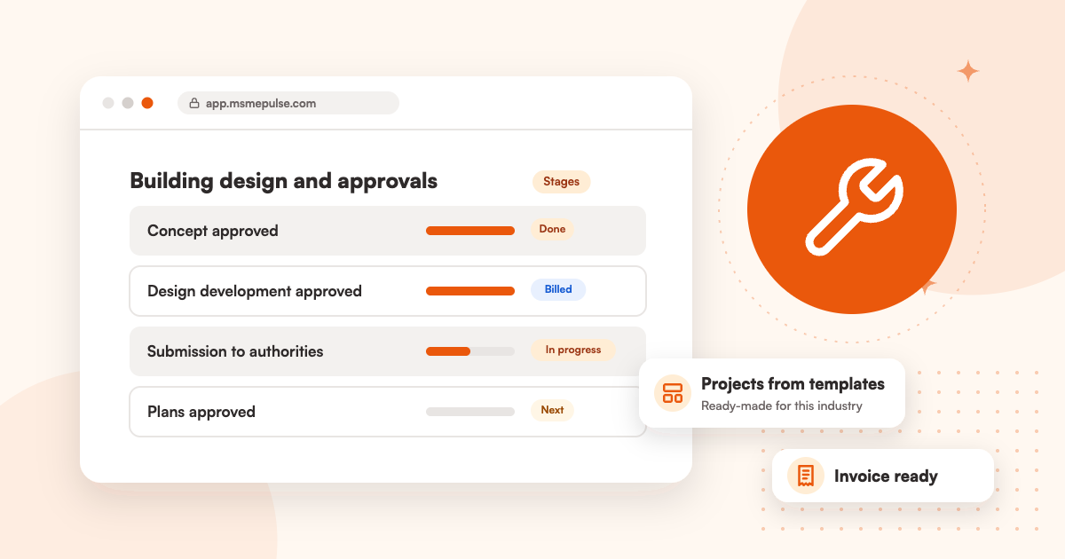 Illustration: an MSMEPulse workspace with projects from ready-made templates for engineering consultancies.