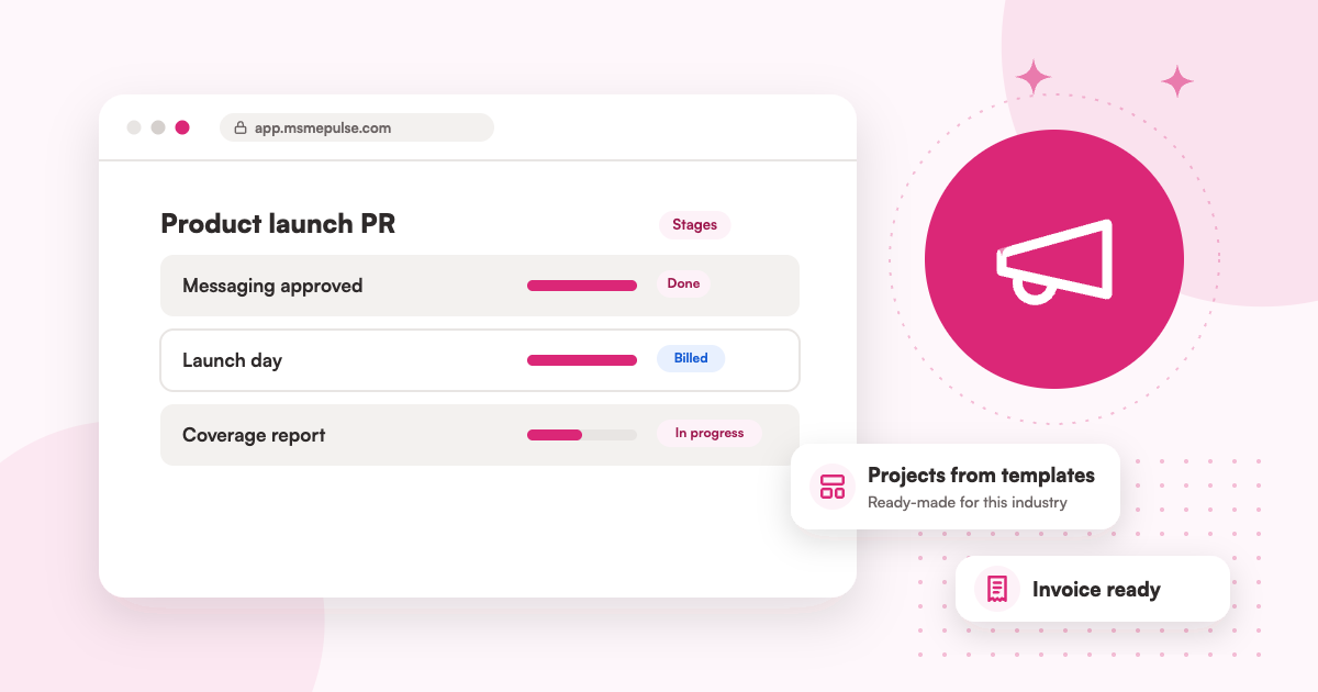 Illustration: an MSMEPulse workspace with projects from ready-made templates for PR and communications firms.