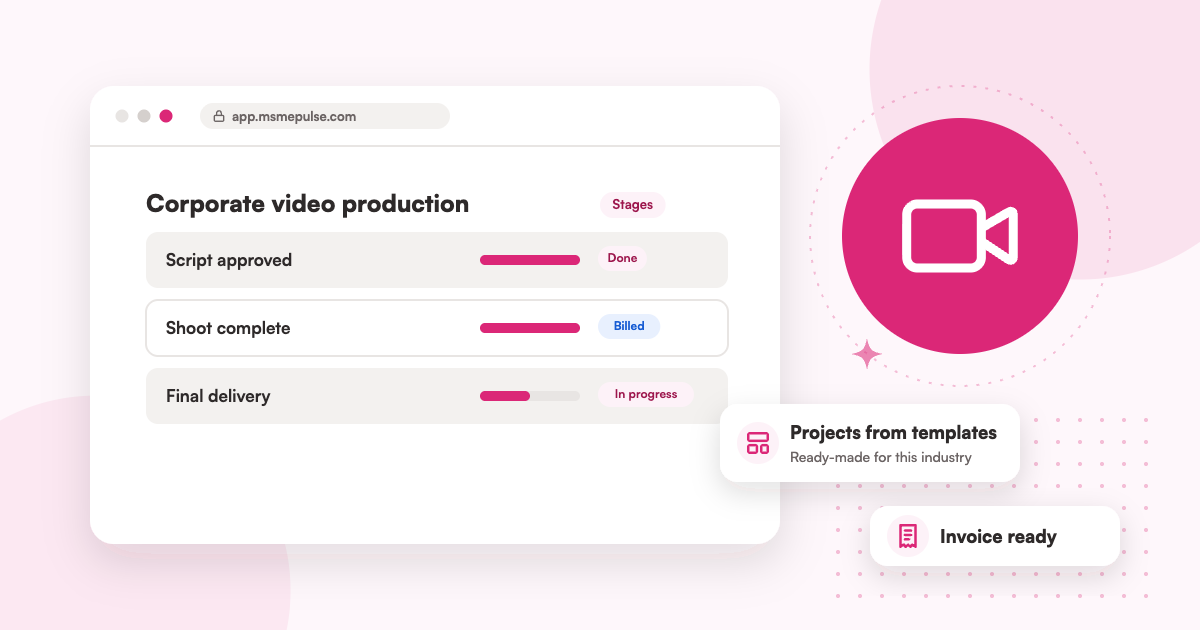 Illustration: an MSMEPulse workspace with projects from ready-made templates for video and photo production houses.