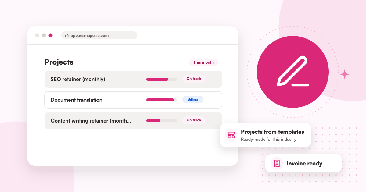 Illustration: an MSMEPulse workspace with projects from ready-made templates for content and translation studios.