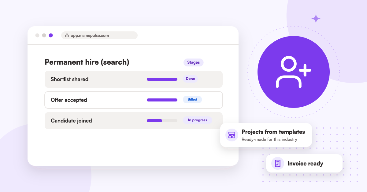 Illustration: an MSMEPulse workspace with projects from ready-made templates for recruitment agencies.