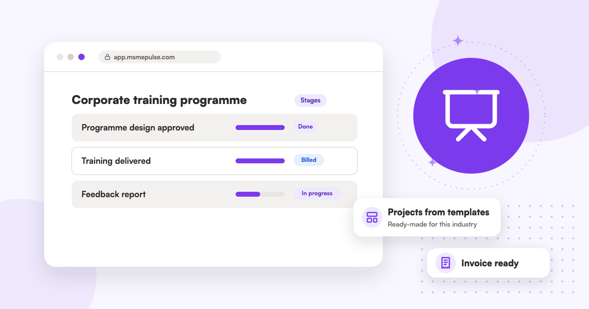 Illustration: an MSMEPulse workspace with projects from ready-made templates for corporate training companies.