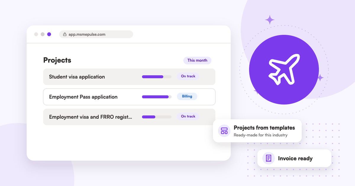 Illustration: an MSMEPulse workspace with projects from ready-made templates for immigration and visa firms.