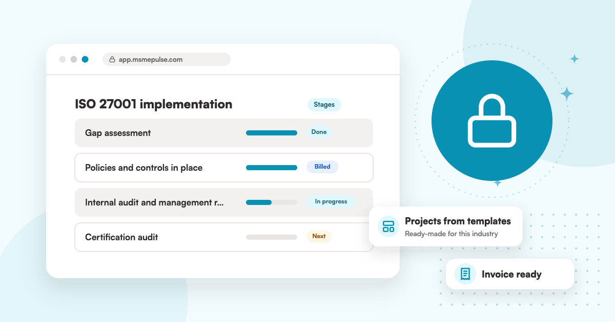 Illustration: an MSMEPulse workspace with projects from ready-made templates for cybersecurity consultancies.