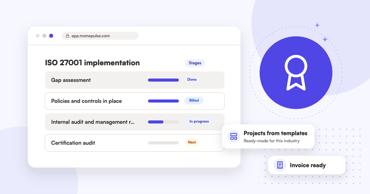 Illustration: an MSMEPulse workspace with projects from ready-made templates for ISO and compliance consultants.
